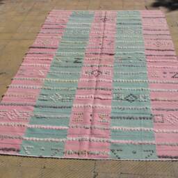 Unique Kilim Rug , Pink Turkish Rug, Pink Ponpon Rug, Anatolia Wool & Green Handmade Rug, Bohemian Rug, 6.1x9.4 Ft - thumbnail 3