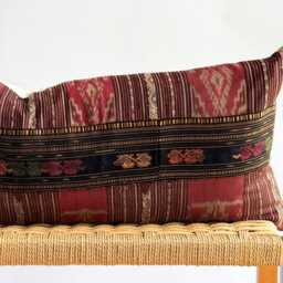 Vintage Hmong Hemp Pillow Handwoven Tribal Textile, Red Navy Batik - thumbnail 2