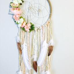 Boho Floral Dreamcatcher, Nursery Wall Hanging, Cream & Gold - thumbnail 3