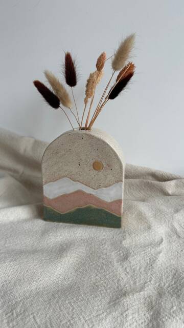 Hand Made Ceramic Vase - Arch Slab Landscape Pattern 14cm Tall One Of A Kind - image 1