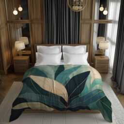 Dark Forest Green Botanical Comforter With Large Modern Leaves For Scandinavian Biophilic Bedrooms #005