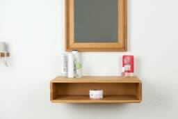 Floating Oak Makeup Table Wall Mounted Vanity Organizer - thumbnail 1