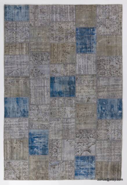 "Hand-Knotted Turkish Patchwork Rug Beige & Blue Wool - 7'5"" X 10'9" - image 1