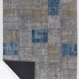 "Hand-Knotted Turkish Patchwork Rug Beige & Blue Wool - 7'5"" X 10'9" - thumbnail 2