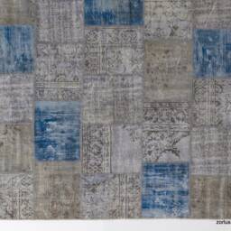 "Hand-Knotted Turkish Patchwork Rug Beige & Blue Wool - 7'5"" X 10'9" - thumbnail 3