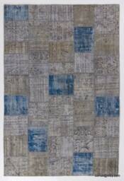 "Hand-Knotted Turkish Patchwork Rug Beige & Blue Wool - 7'5"" X 10'9" - thumbnail 1