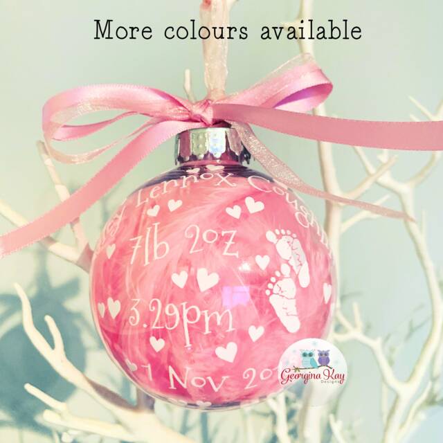 Personalised Feather Birth Announcement Record Stats Christmas Bauble Decoration Ornament - image 1