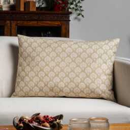 Wildflower Xl Rectangular Cushion in Natural Linen. Block-Print Floral, Blossoms & Botanical Design, Multicoloured. 23X15