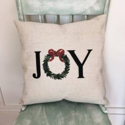 Joy Christmas Wreath Pillow Cover Farmhouse Linen Holiday Decor - thumbnail 3