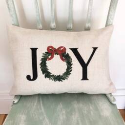 Joy Christmas Wreath Pillow Cover Farmhouse Linen Holiday Decor - thumbnail 2