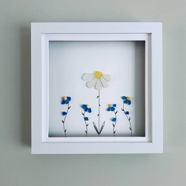 Sea Glass Flower Wall Art - Forget-Me-Not & Daisy Sentimental Framed Picture Handmade in Cornwall - image 1