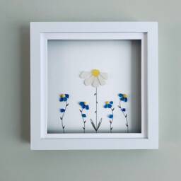 Sea Glass Flower Wall Art - Forget-Me-Not & Daisy Sentimental Framed Picture Handmade in Cornwall - thumbnail 1