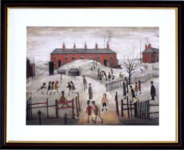 L S Lowry Art Print - School Playground Walnut Finish Frame With White Mount & Textured Image - image 1