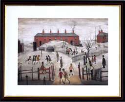 L S Lowry Art Print - School Playground Walnut Finish Frame With White Mount & Textured Image - thumbnail 1