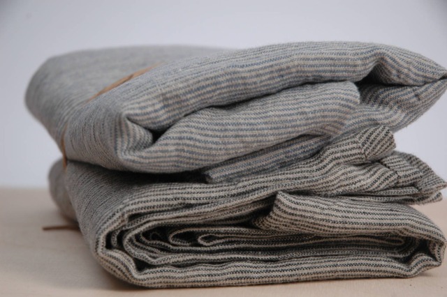 Set Of 2 Soft Linen Bath Towels Pure Fabric Sheets Natural & Dark Grey/Ligt Blue Narrow Printstripes Stonewashed Linen - image 1