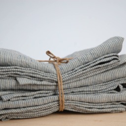 Set Of 2 Soft Linen Bath Towels Pure Fabric Sheets Natural & Dark Grey/Ligt Blue Narrow Printstripes Stonewashed Linen - thumbnail 4
