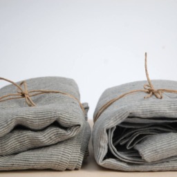 Set Of 2 Soft Linen Bath Towels Pure Fabric Sheets Natural & Dark Grey/Ligt Blue Narrow Printstripes Stonewashed Linen - thumbnail 2