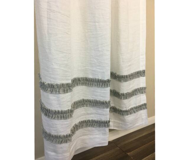 White Linen Shower Curtain With Black & Ticking Striped Ruffles, 3 - Rows Of Ruffles - image 1