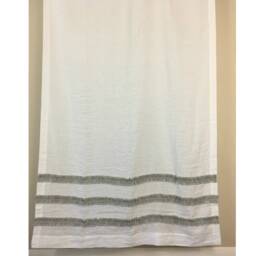 White Linen Shower Curtain With Black & Ticking Striped Ruffles, 3 - Rows Of Ruffles - thumbnail 3