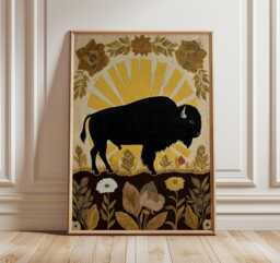 Bison Wall Art Print, Southwestern Folk Illustration, Rustic Western Poster, Golden Sun Decor, Modern Boho Nature Artwork - thumbnail 1