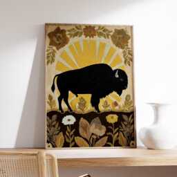 Bison Wall Art Print, Southwestern Folk Illustration, Rustic Western Poster, Golden Sun Decor, Modern Boho Nature Artwork - thumbnail 2