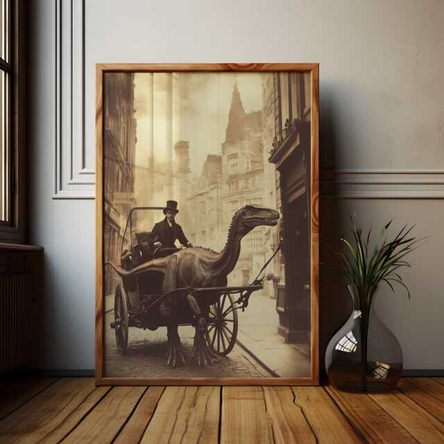 Victorian Velociraptor Horse & Cart Print Alternate History Art - image 1