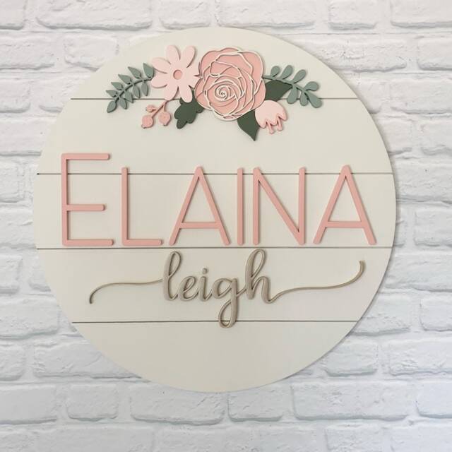 Custom Floral Wooden Baby Name Sign Shiplap Nursery Wall Art With Flowers in Blush Pink & Sage - image 1