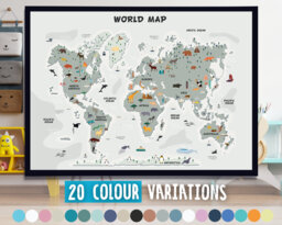 Kids World Map Poster Animals & Landmarks Nursery Decor - thumbnail 1