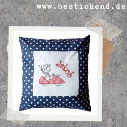 Embroidered Pillow Little Car Driver + Name //Light Blue - Navy// 40x40 Pillowcase Gift Cuddly Cuddle Name - thumbnail 3