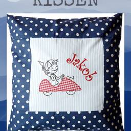 Embroidered Pillow Little Car Driver + Name //Light Blue - Navy// 40x40 Pillowcase Gift Cuddly Cuddle Name - thumbnail 4