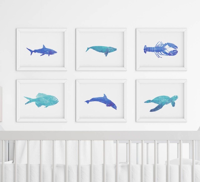 Watercolor Marine Animals Nursery Artwork - Set Of 6 Teal & Blue Ocean Creatures Nautical Wall Art Child Bedroom Print At Home 8x10 - image 1
