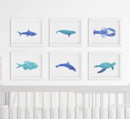 Watercolor Marine Animals Nursery Artwork - Set Of 6 Teal & Blue Ocean Creatures Nautical Wall Art Child Bedroom Print At Home 8x10 - thumbnail 1
