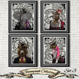 steampunk Animal Print Set Elephant, Doe, Bear, Flamingo On Dictionary Pages - thumbnail 1