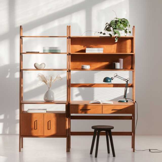 Home Office Wall Unit Set, Bookcase Desk 85 cm With Drawers & Tall Cabinet 74 cm, Mid Century Modern, Handmade - image 1