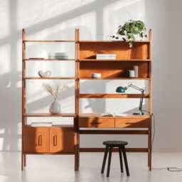 Home Office Wall Unit Set, Bookcase Desk 85 cm With Drawers & Tall Cabinet 74 cm, Mid Century Modern, Handmade
