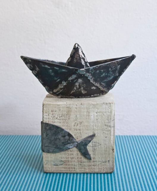 Metal Boat & Fish, Origami Paper On Wood Base, Iron Art, Sculpture By Thesteelstylethings - image 1
