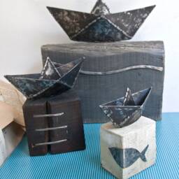 Metal Boat & Fish, Origami Paper On Wood Base, Iron Art, Sculpture By Thesteelstylethings - thumbnail 4