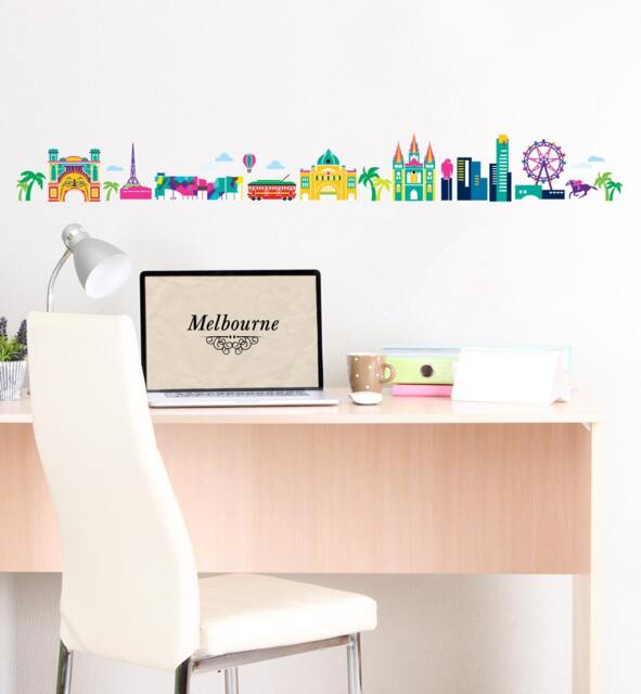 Melbourne Skyline Illustration Wall Sticker Decal - Educational Stickers, Learning, Art, Decals, Kids Room, School, Education
