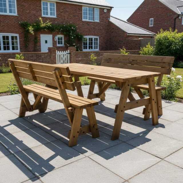 Picnic Table & Bench Set With Back-Rest, The Victoria Compact Garden Dining Furniture, Solid Wood Outdoor - image 1