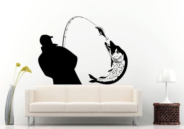 Fishing Fisherman Pike Catching A Fish With Poll Wall Decal Vinyl Sticker Mural Room Decor L842 - image 1