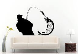 Fishing Fisherman Pike Catching A Fish With Poll Wall Decal Vinyl Sticker Mural Room Decor L842 - thumbnail 1