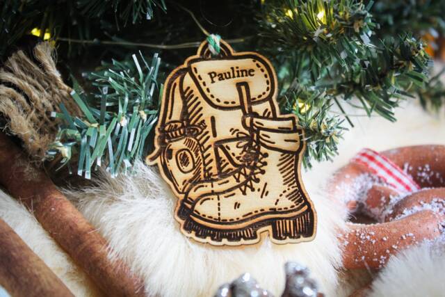 Personalised Hiking Christmas Ornament Walking Boots Hills Hiker Gift Custom Bauble Engraved Rustic Wooden Tree Decoration - image 1