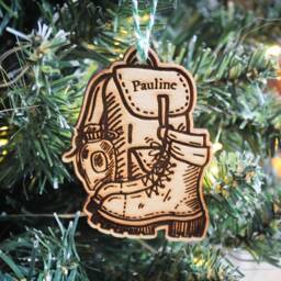 Personalised Hiking Christmas Ornament Walking Boots Hills Hiker Gift Custom Bauble Engraved Rustic Wooden Tree Decoration - thumbnail 2