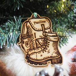 Personalised Hiking Christmas Ornament Walking Boots Hills Hiker Gift Custom Bauble Engraved Rustic Wooden Tree Decoration - thumbnail 3