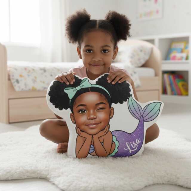 Custom Face Mermaid Plush Pillow Personalized African Girl Portrait Kids Room Decor - image 1
