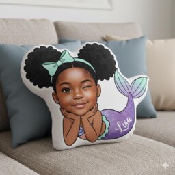 Custom Face Mermaid Plush Pillow Personalized African Girl Portrait Kids Room Decor - thumbnail 3