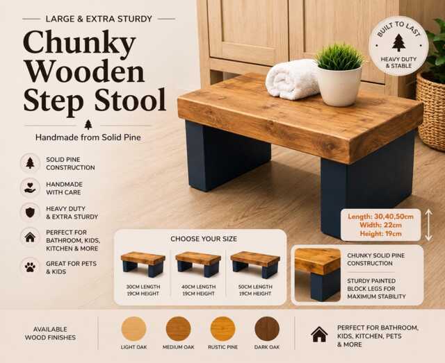 Wooden Step Stool 22cm Width - 19cm Height Kids Compact Bathroom Kitchen Solid Wood Toddler Handmade UK - image 1