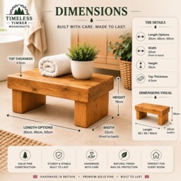 Chunky Solid Timber Step Stool - Handmade Wooden Bathroom Kitchen Kids Plant Stand 4.5cm Thick Pine - thumbnail 3