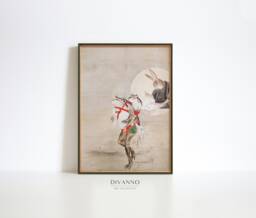 Japanese Frog & Rabbit Print, Japan Vintage Poster, Antique Illustration, Printable Wall Art, Giclee Funny Toad Woodblock - thumbnail 1