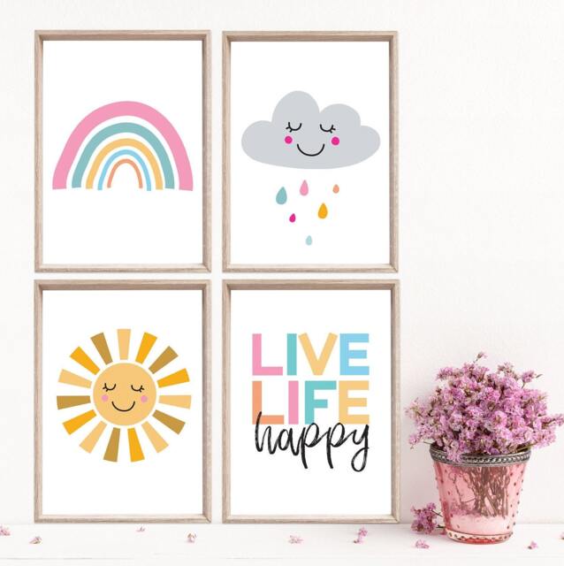 Set Of 4 Girls Nursery Prints, Rainbow Wall Art, Live Life Happy, Pink Bedroom Decor, Playroom Prints - image 1